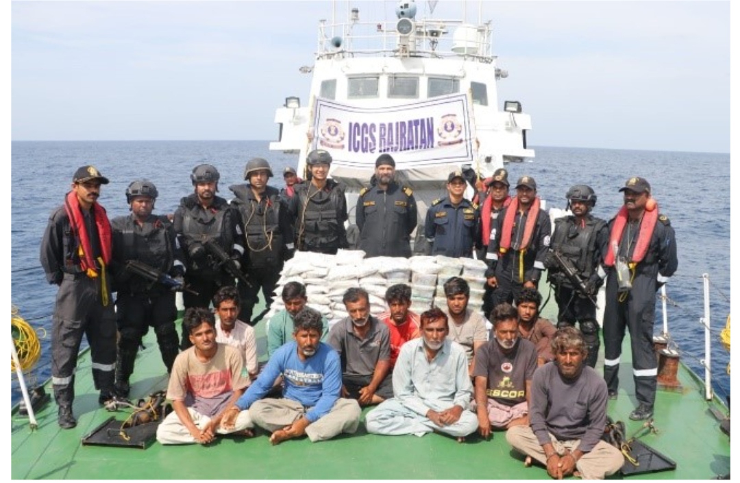 Indian Coast Guard seizes 86kg narcotics worth Rs 600 crore and apprehends 14 crew members of the Pakistani Vessel in Gujarat coast.