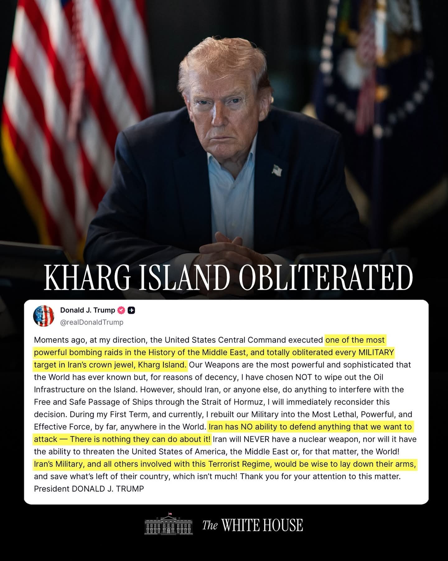 US Conducts Major Airstrikes on Iran’s Kharg Island; Trump Warns Against Interference in Strait of Hormuz.